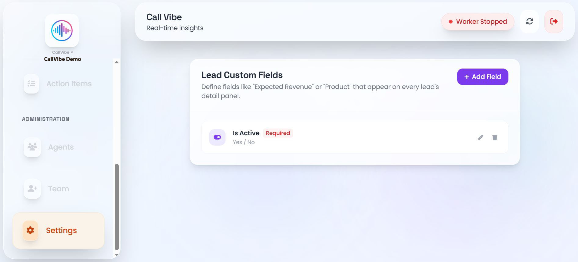 Lead Custom Fields page