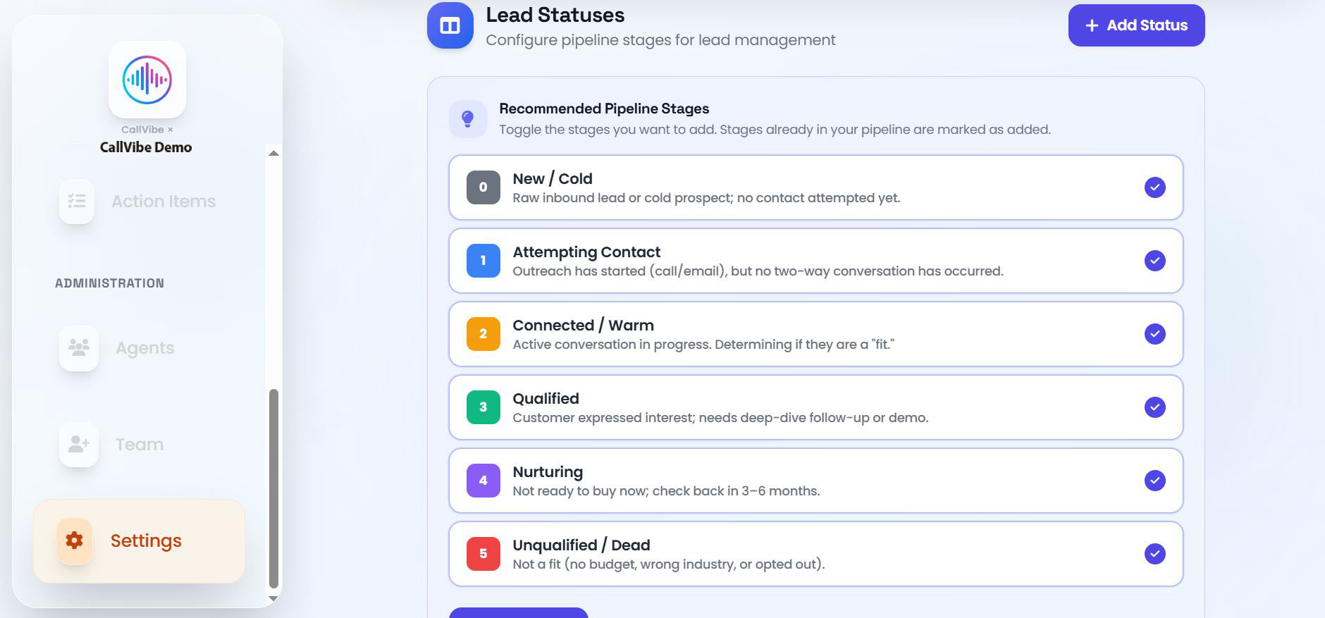 Settings page