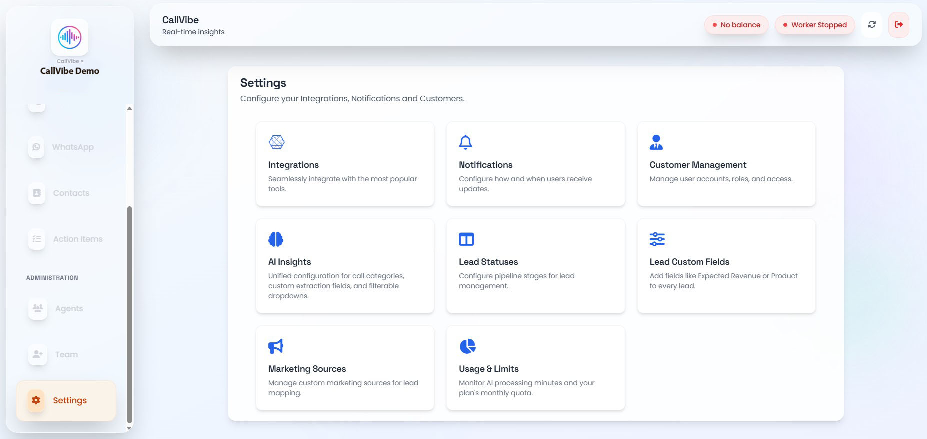 Settings page