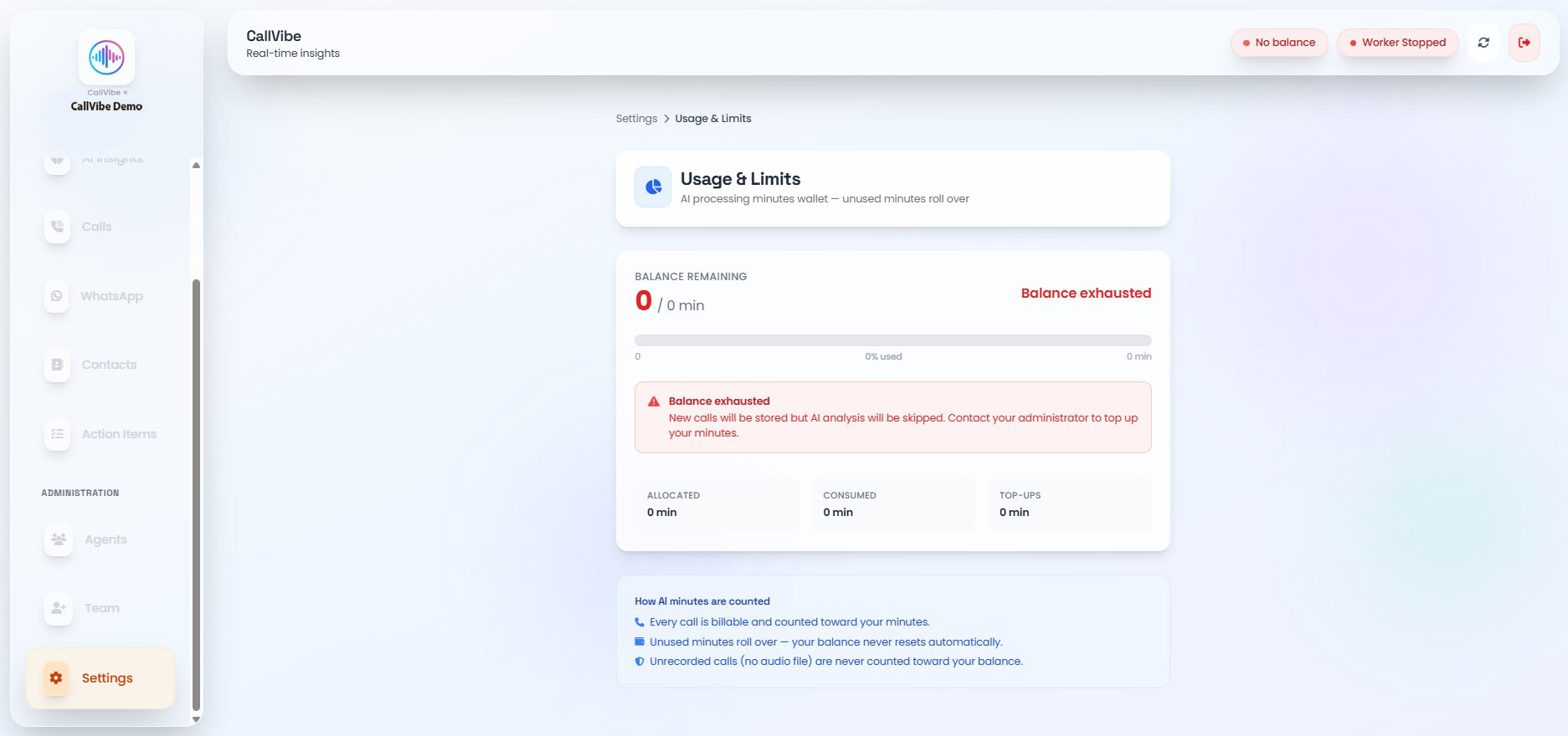 Usage and Limits page